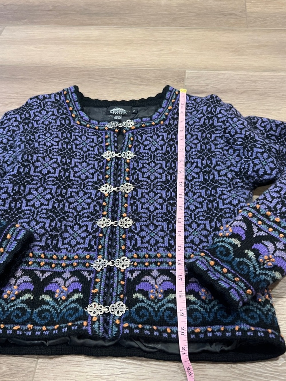Women’s Icelandic Navy and Purple Patterned Wool Cardigan Sweater Size Small - Picture 5 of 15